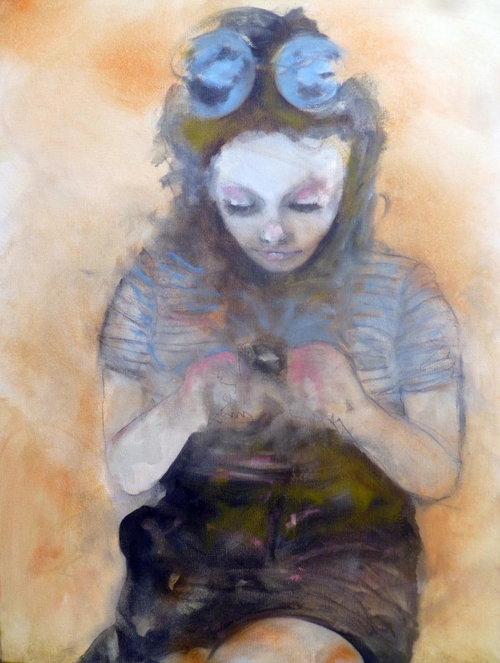 Carlotta txt'ing 3233 Oil on Canvas Portrait Portland Women Sam Roloff 18x24 2012