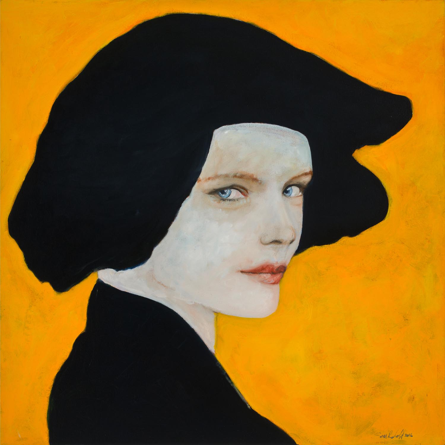 Olympiada Woman with hat yellow and black portrait of woman sam roloff portland oregon artist