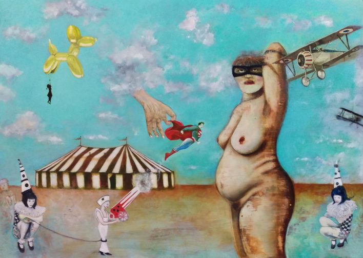 The Circus is in Town, Roloff Superman, circus tent, jeff koons balloon dog bi-plane oil painting, hand of god,